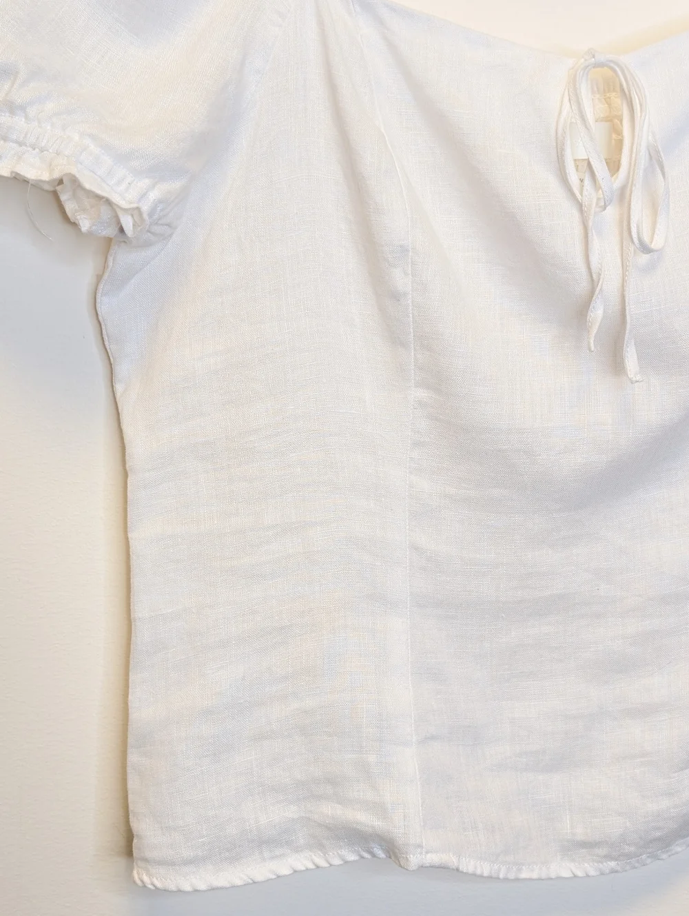 H&M 100% Linen Puff Sleeve Tie Front Top White Cottagecore Clean Girl Boho M - Picture 7 of 16